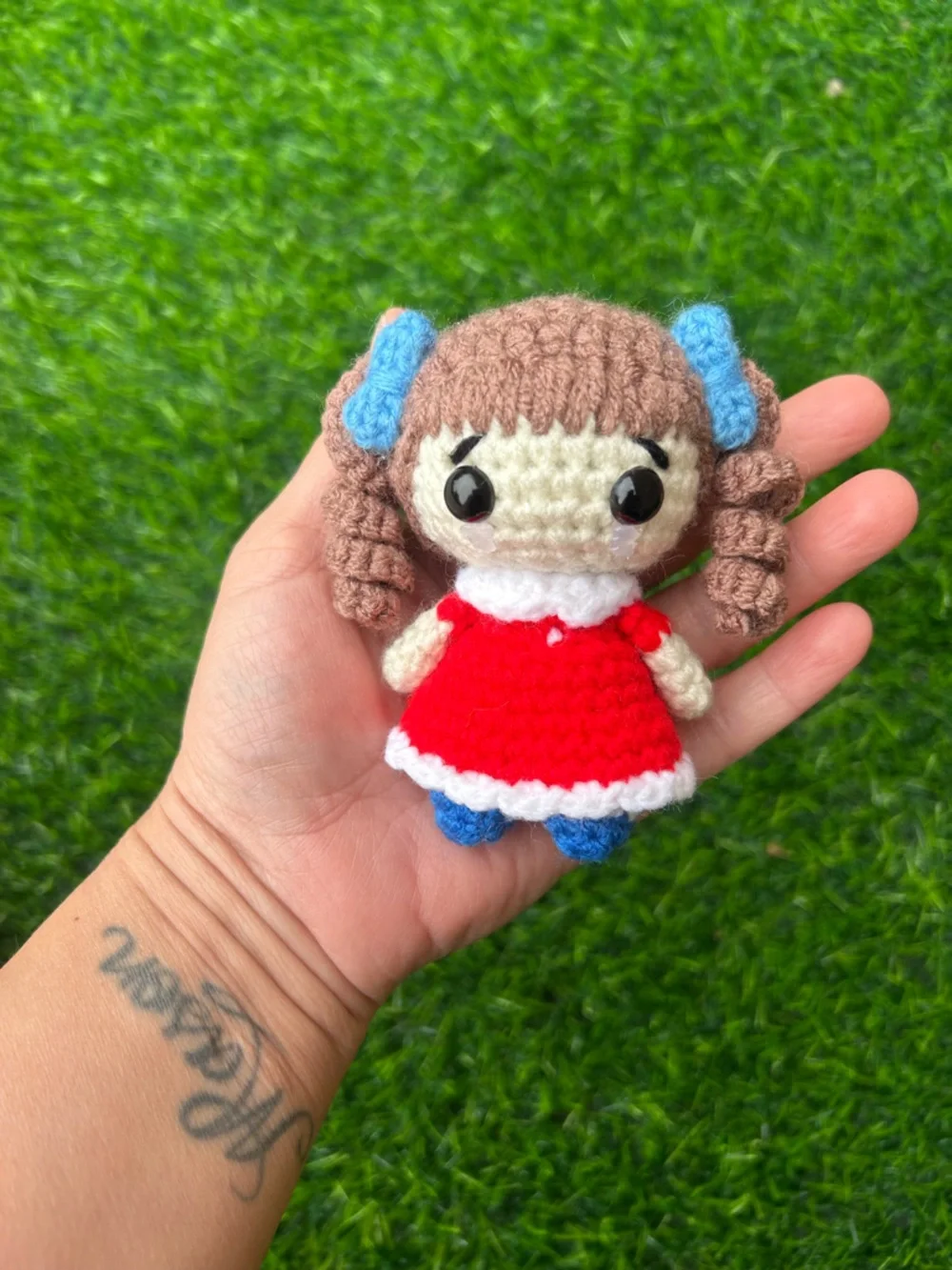 Handmade Crochet Doll Plush Toy - Red Dress, Blue Accents
